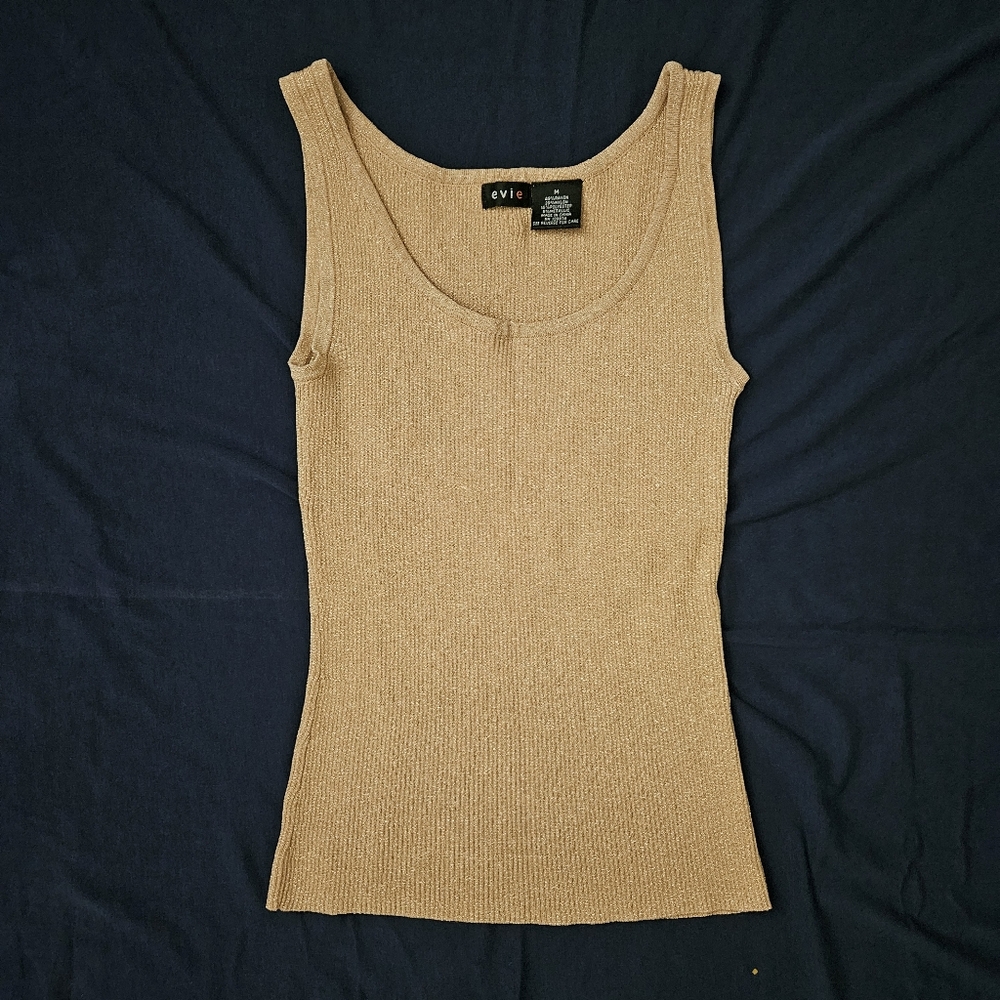 Vintage Ribbed Knit Tank Top Gold Shimmer Metallic Rave Y2k